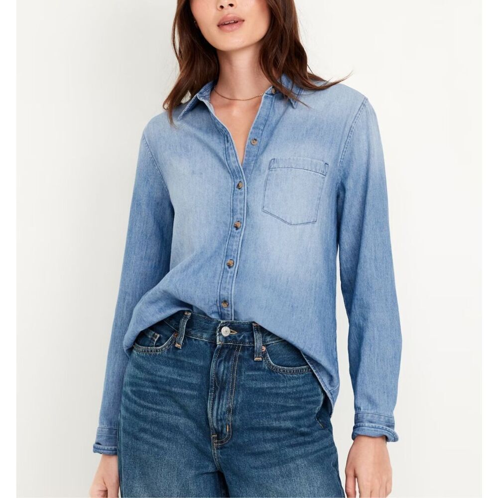 Old Navy 100% Cotton Womens Blue Classic Button Front Top sz M Minimalist Casual